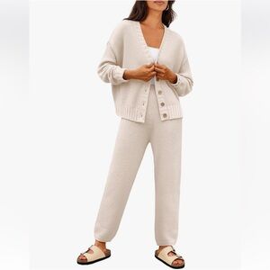 Cream Knit Button V Neck Cardigan Bubble Sweat Pants Slouchy Set Size Small